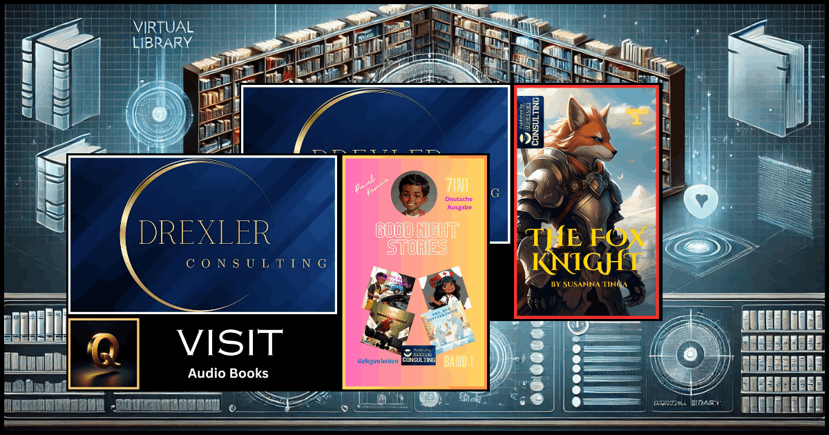 Neon blue virtual background with interactive book preview buttons – VR audio sample interface for Drexler Consulting books in the Multiverse Infiniverse