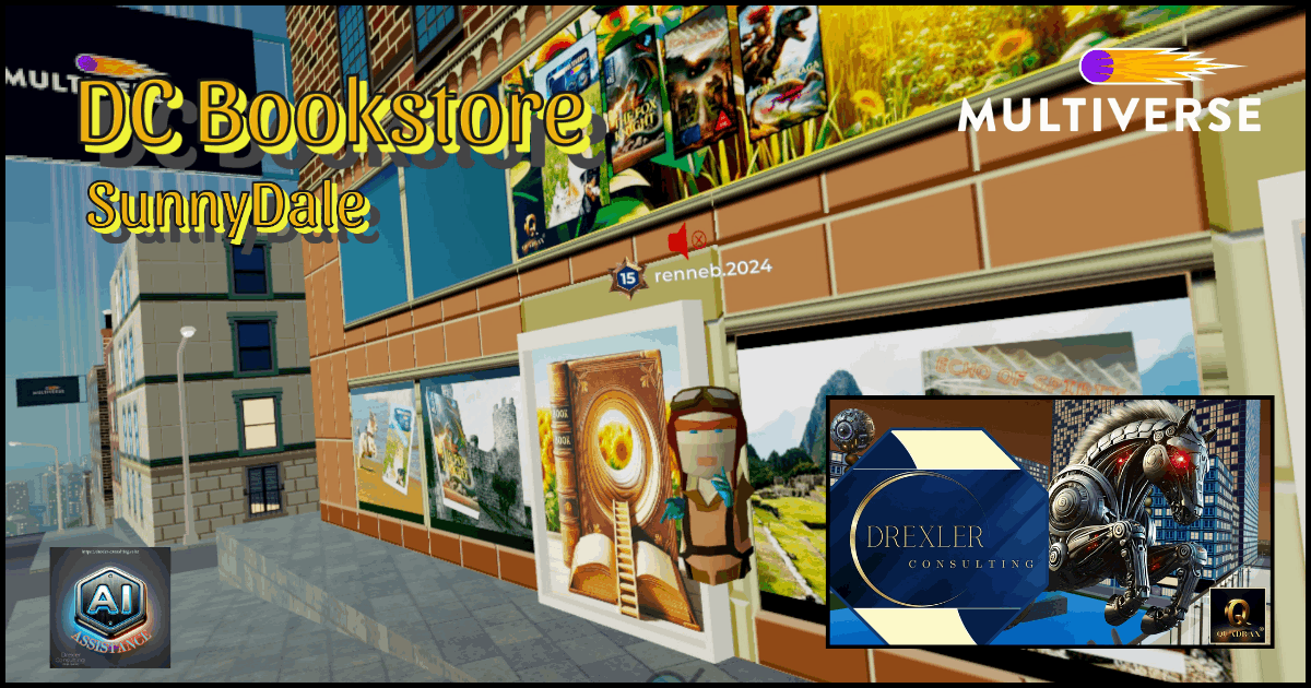 Exterior view of the DC Bookstore Sunnydale – virtual bookshop facade and central plaza of Sunnydale in the Multiverse Infiniverse exclusiv for Meta Horizon