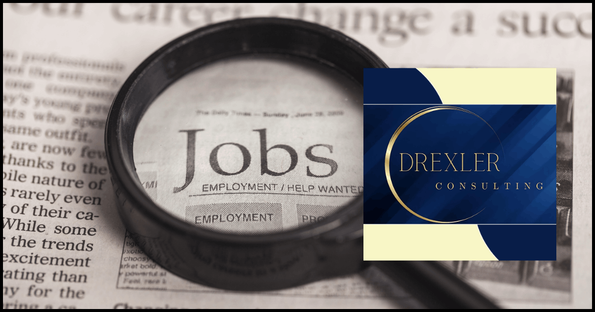 Newspaper job section with magnifying glass enlarging job listings – DC Nautilus Job magazine cover with Drexler Consulting logo