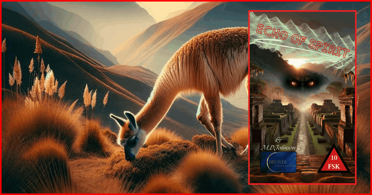 Echo of Spirit book cover next to an alpaca – representing Andean setting and mystical themes of M.D. Johnson’s novel