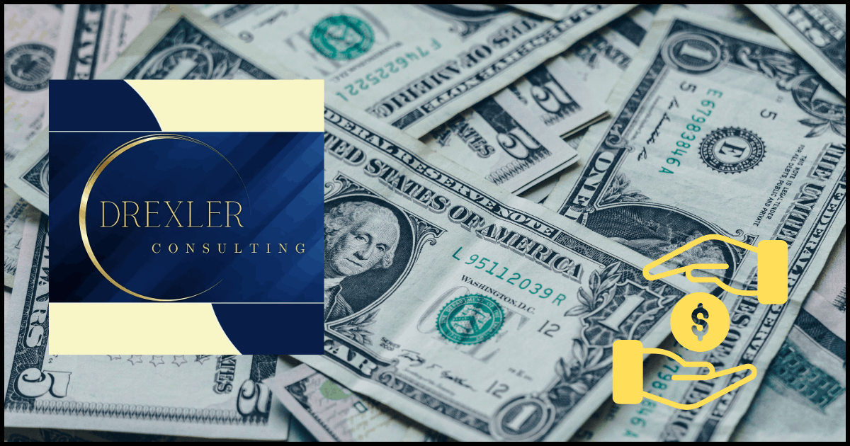 Scattered dollar bills with Drexler Consulting logo – representing financial guidance from the integrated LifeChanger handbook in the 'My Job in Germany' eBook