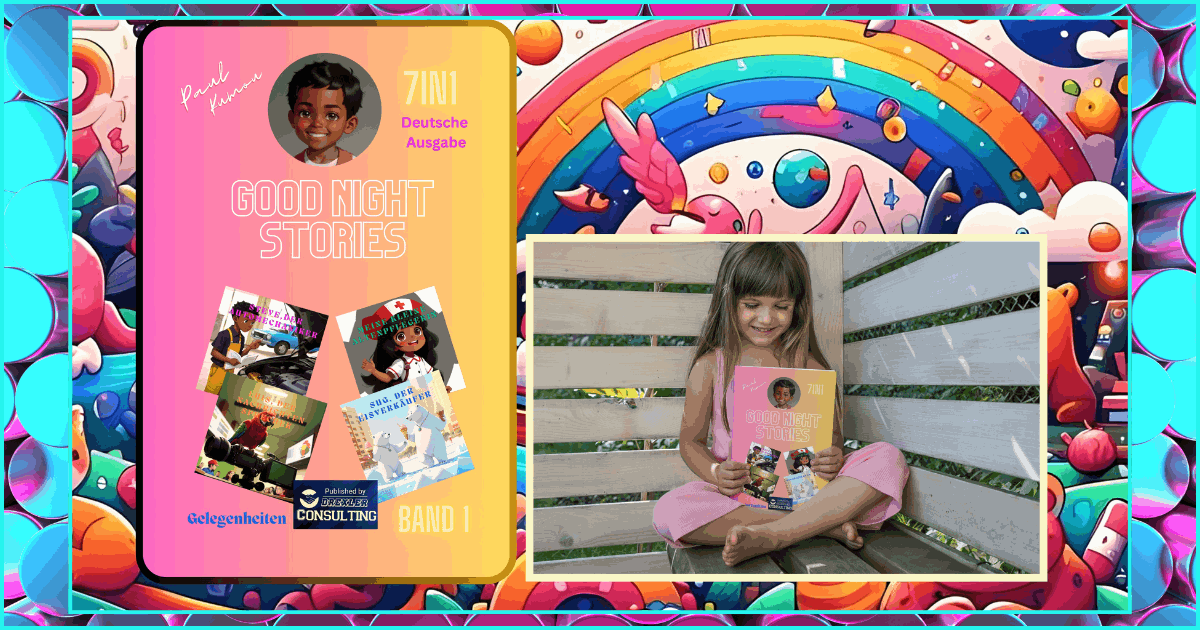 Girl reading in a garden pergola with Good Night Stories: Opportunities book cover – illustrated children’s bedtime story collection by Paul Kumou