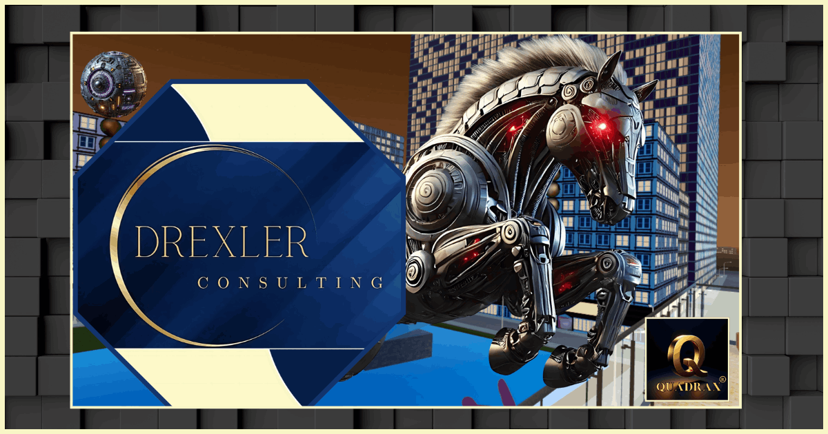 Quadrax Alpharesidence by Drexler Consulting with robotic horse – VR headquarters in the Multiverse Infiniverse