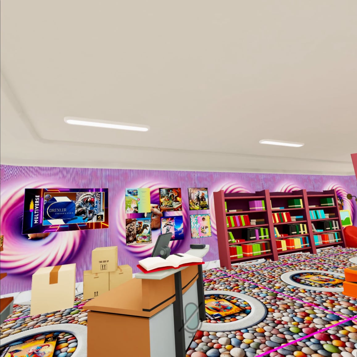 Inside the DC Bookstore Sunnydale in Multiverse Infiniverse by Drexler Consulting, Decoration and Books Visible
