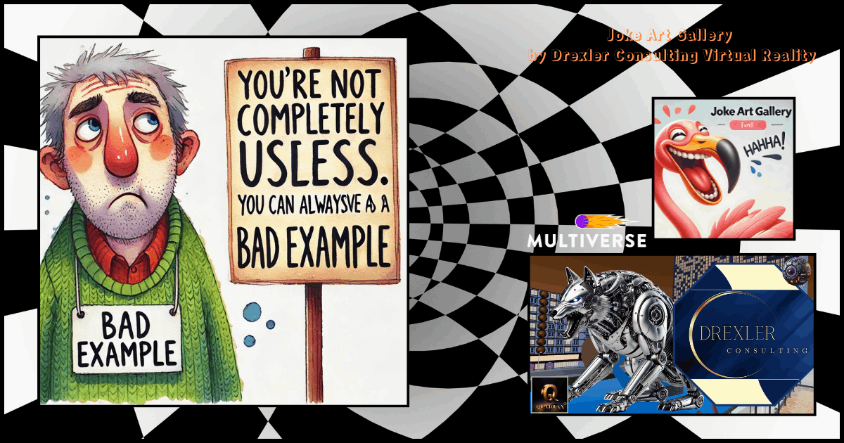 Humorous artwork displayed in a virtual gallery environment – Joke Art Gallery by Drexler Consulting in Multiverse Infiniverse on Meta Horizon