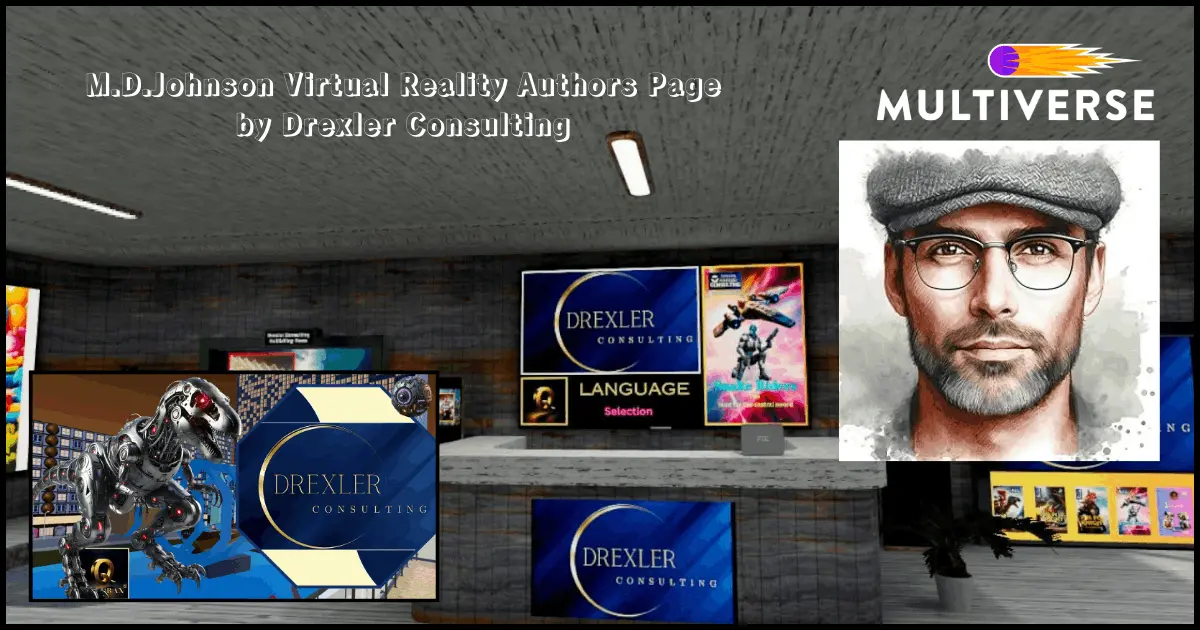 Virtual storefront of M.D. Johnson Infiniverse Authors Page – books and promo videos for Snake Riders and Echo of Spirit in the Multiverse Infiniverse, best viewed in Meta Quest VR