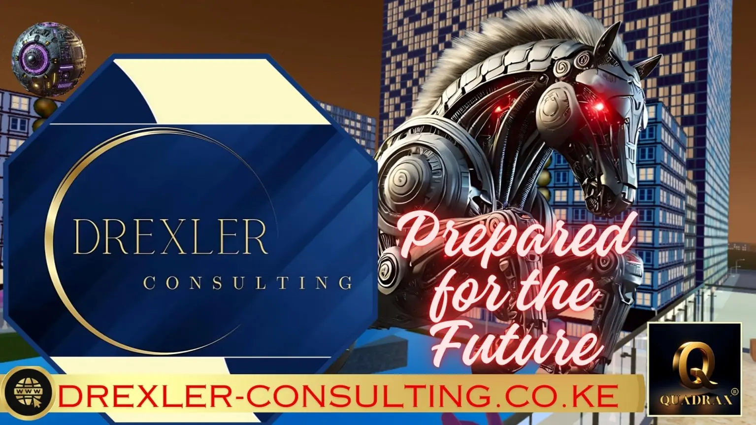 Quadrax Alpha Residence virtual logo featuring a futuristic robot horse with glowing LED eyes, the digital skyline of the Quadrax Alpha Residence, and the Drexler Consulting company logo. This symbol reflects innovation, immersive media, and the creative power of Drexler Consulting in virtual publishing environments.