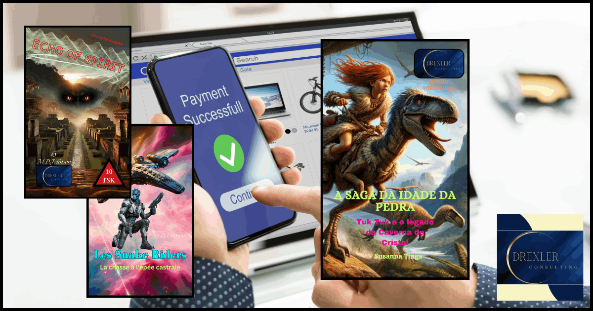Mobile phone screen showing online book purchases – titles include Stoneage Saga, Snake Riders, and Echo of Spirit