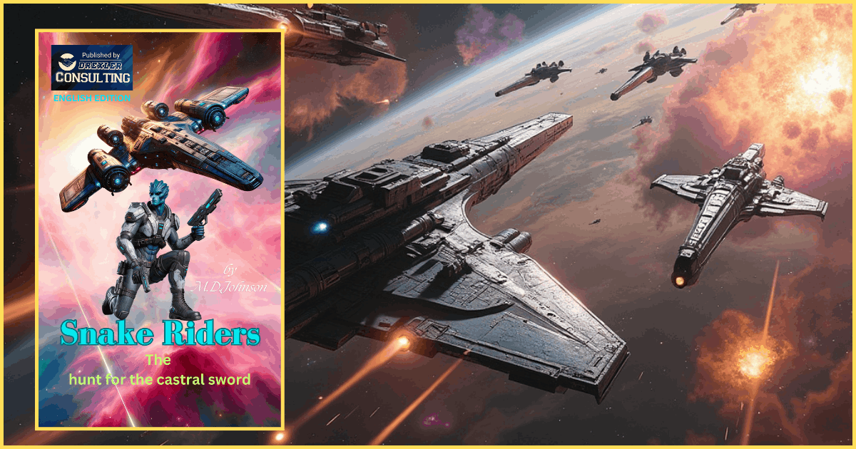 Snake Riders book cover with galactic space battle and explosions in the background – action-packed sci-fi novel by M.D. Johnson