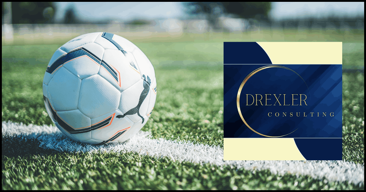 Football field with ball and Drexler Consulting logo – LifeChanger course for social media success as a football player