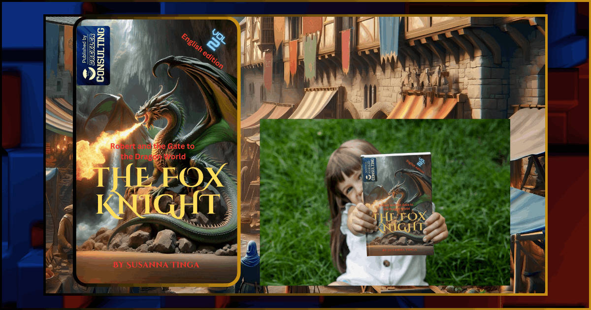 Girl holding The Fox Knight 2 in a garden setting – next to enlarged book cover, representing Susanna Tinga’s fantasy book series