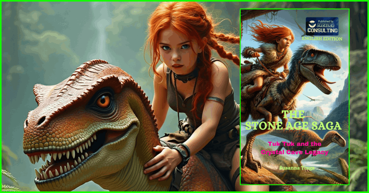 Red-haired girl riding a creature named Tuk Tuk with The Stone Age Saga book cover – illustrated adventure scene from Susanna Tinga’s story