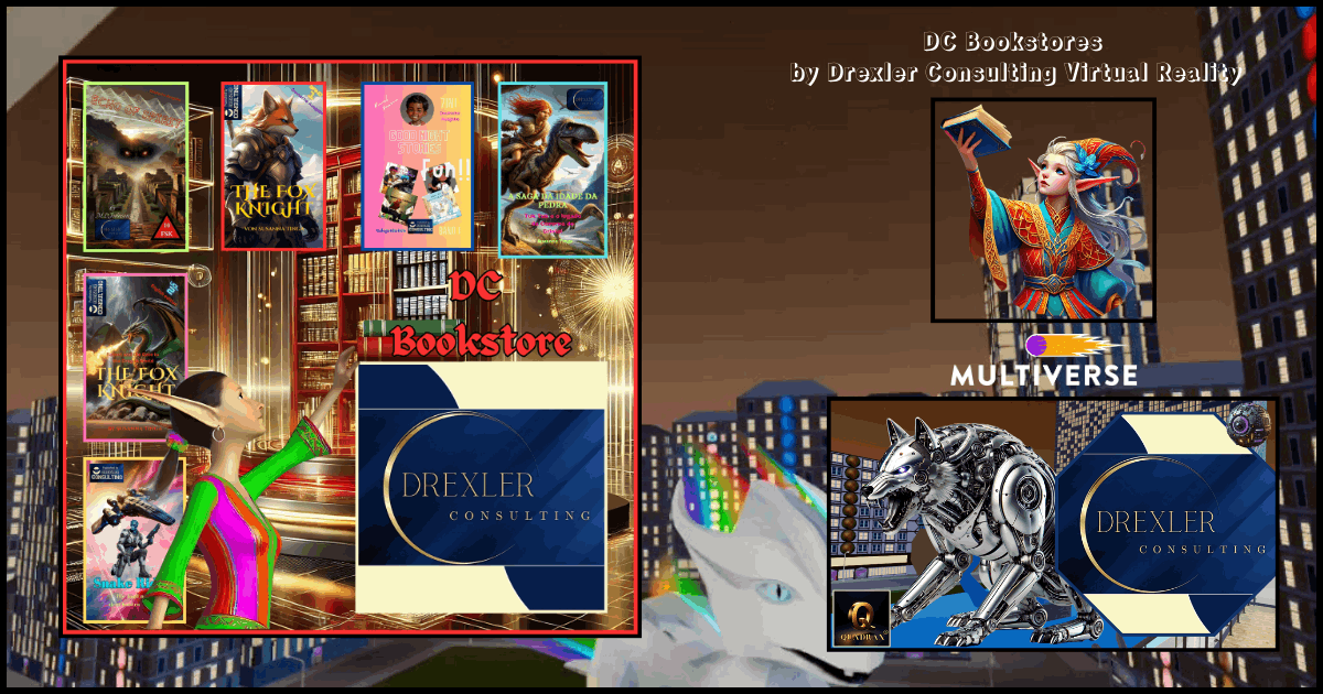 Children’s books by Drexler Consulting displayed in a virtual environment with the Rainbow Dragon Landmark in the background – DC Bookstores in the Multiverse Infiniverse
