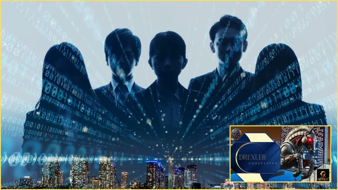 Image of a group of five individuals (three men, two women) whose faces are blurred or shown as silhouettes. They are standing in a row in front of an abstract background comprised of a pattern of blue binary code numbers and a faintly visible city skyline with high-rise buildings. In the lower right corner of the image, there is an overlay with the Drexler Consulting logo, which includes the company name and a small, depicted virtual image.